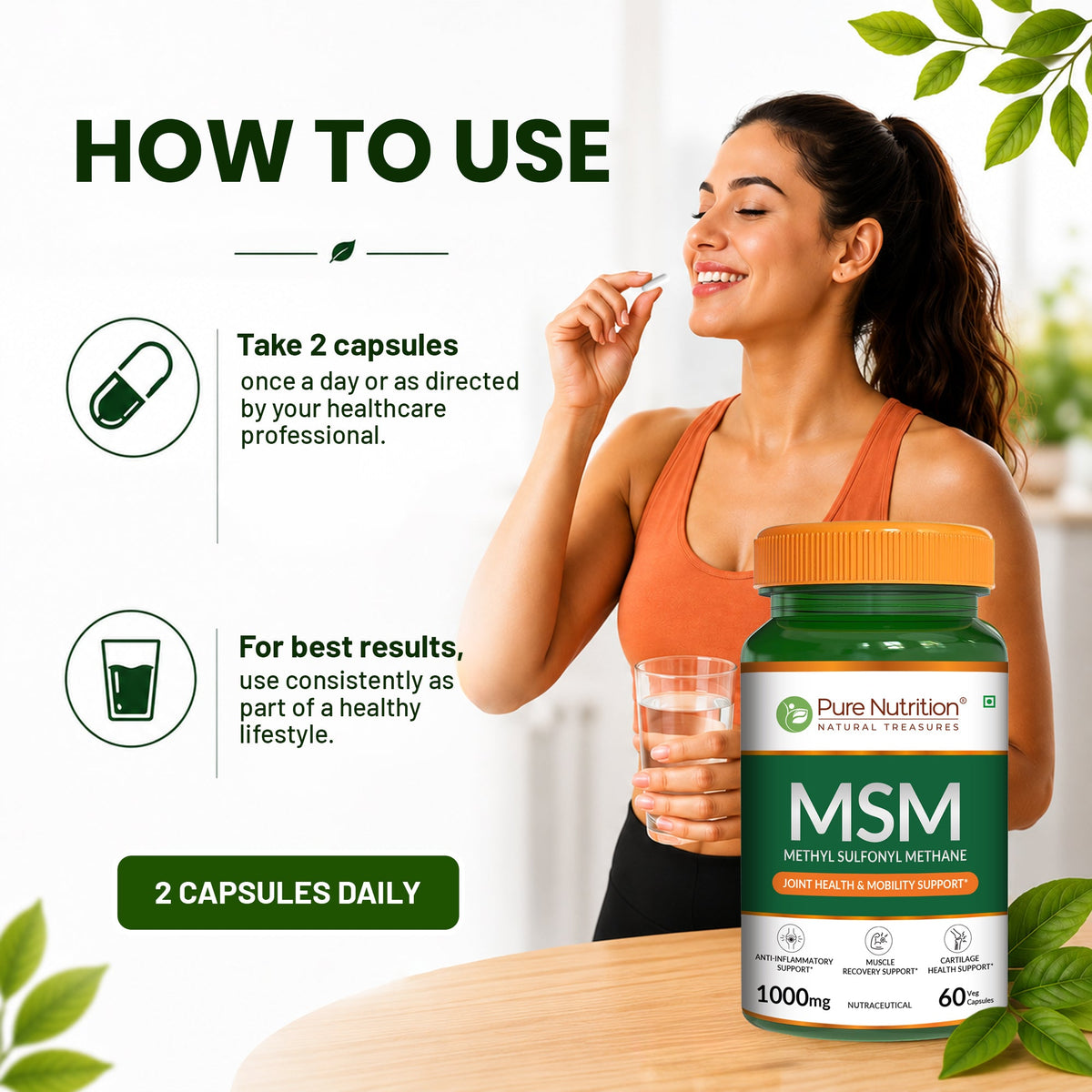 MSM 1000 mg | Methyl Sulfonyl Methane Capsules | Joint & Mobility Support | 60 Tablets