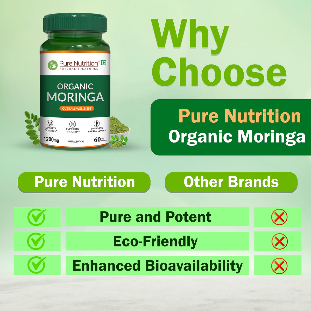 Organic Moringa Tablets 1200mg 60 Count | Immunity & Daily Energy