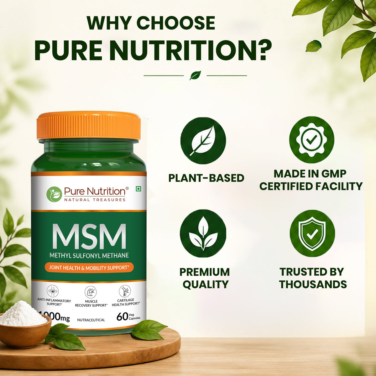 MSM 1000 mg | Methyl Sulfonyl Methane Capsules | Joint & Mobility Support | 60 Tablets
