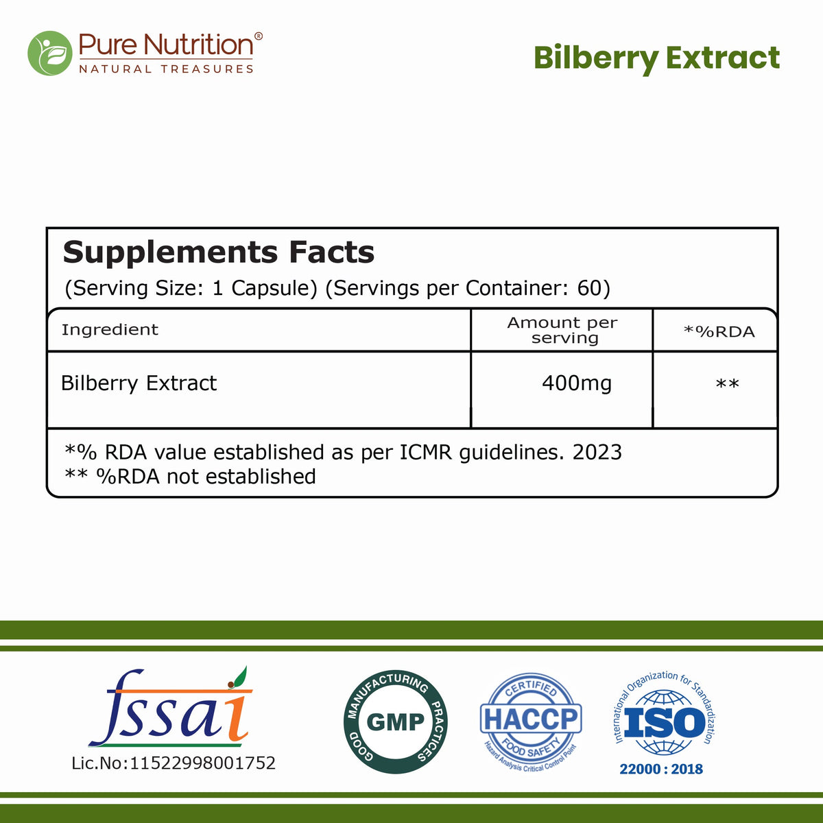 Bilberry Extract 400 mg | Antioxidant & Daily Wellness Support | 60 Capsules