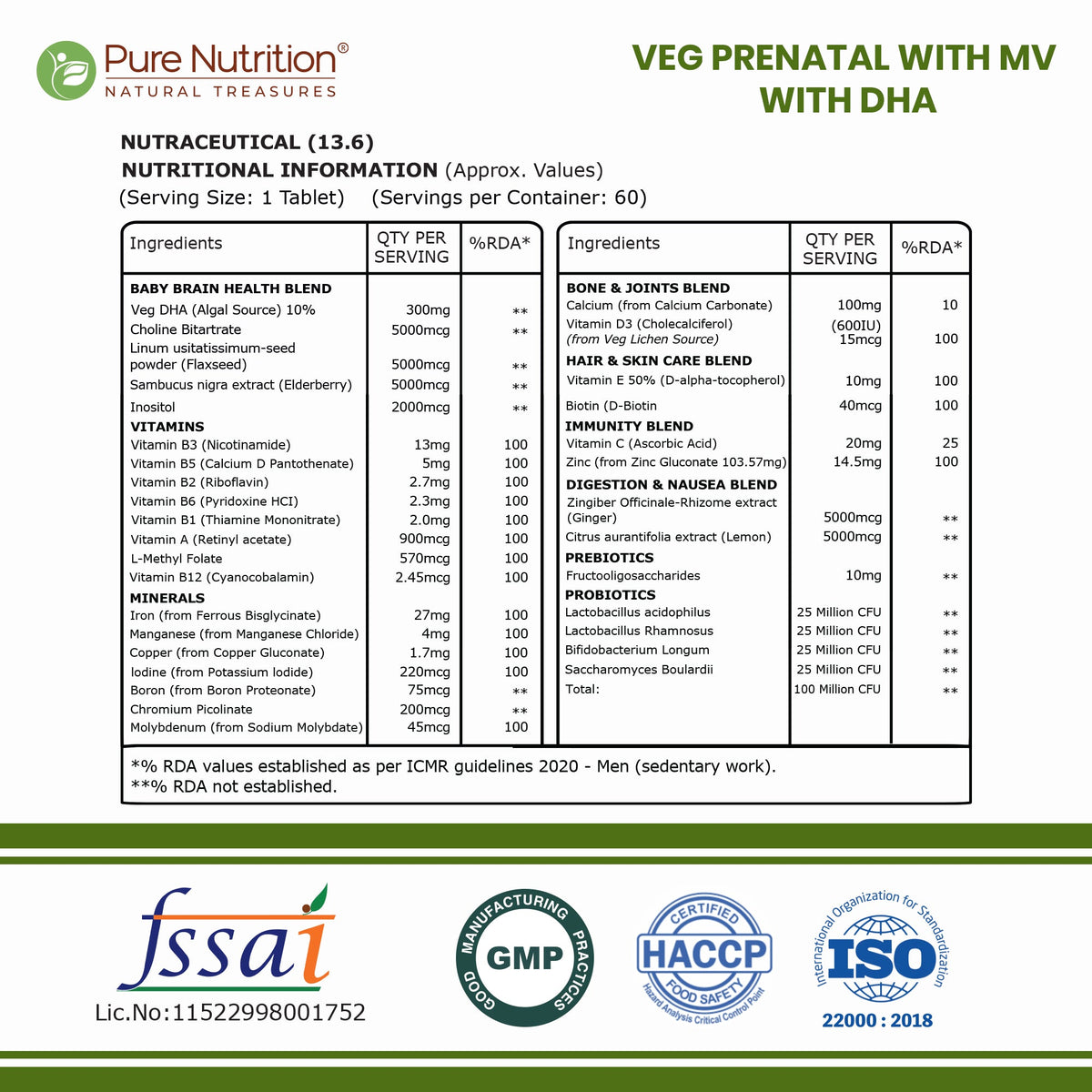 Veg Prenatal Multivitamin + DHA 300mg | With L-Methylfolate, Iron & Calcium | 60 Veg Tablets