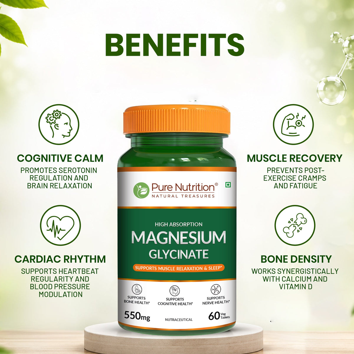 Magnesium Glycinate 550mg – High Absorption | Sleep, Stress & Muscle Health | 60Tablets| 120 Tablets