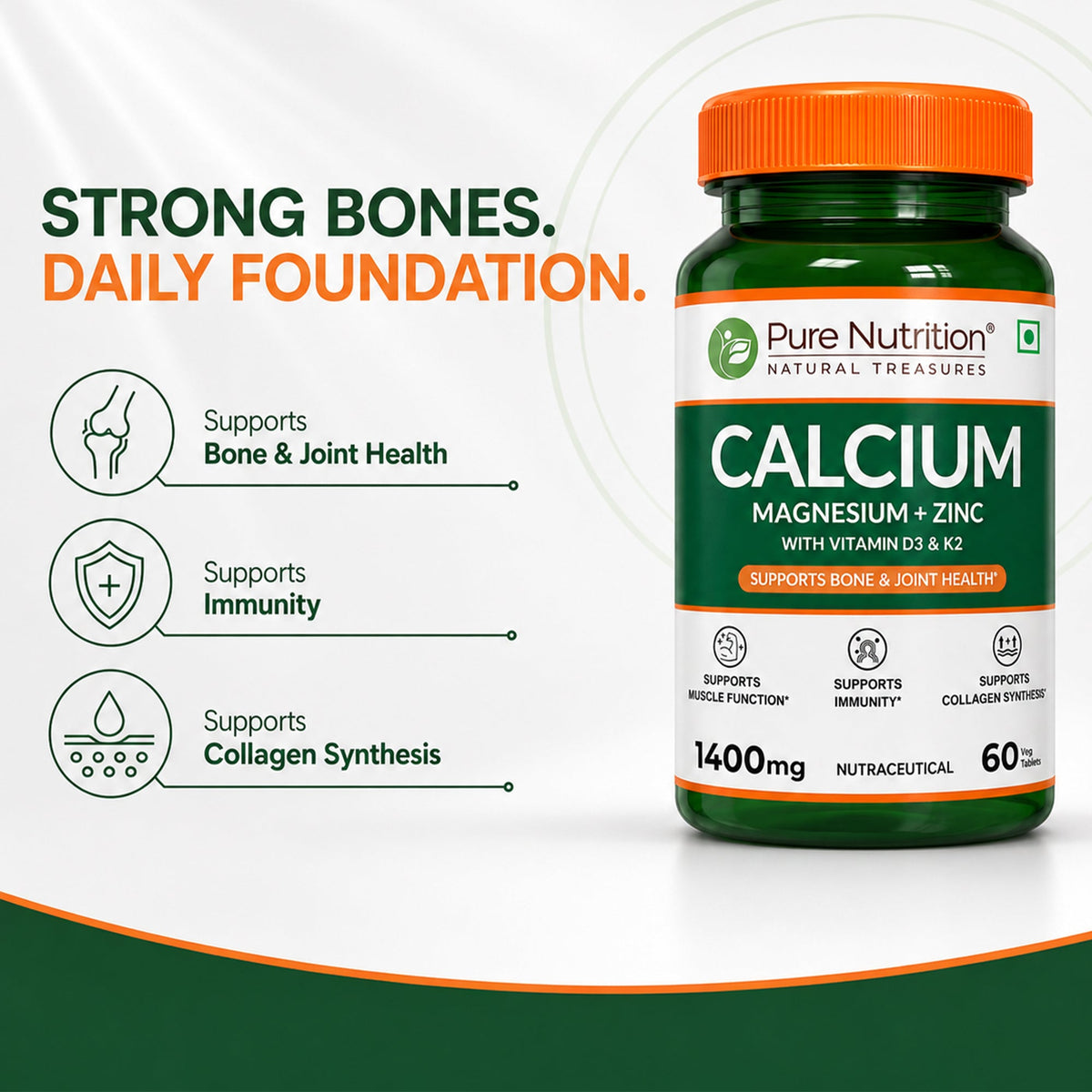 Calcium Magnesium Zinc with Vitamin D3 & K2 Bone & Muscle Support | 60 Tabs | 120 Tabs