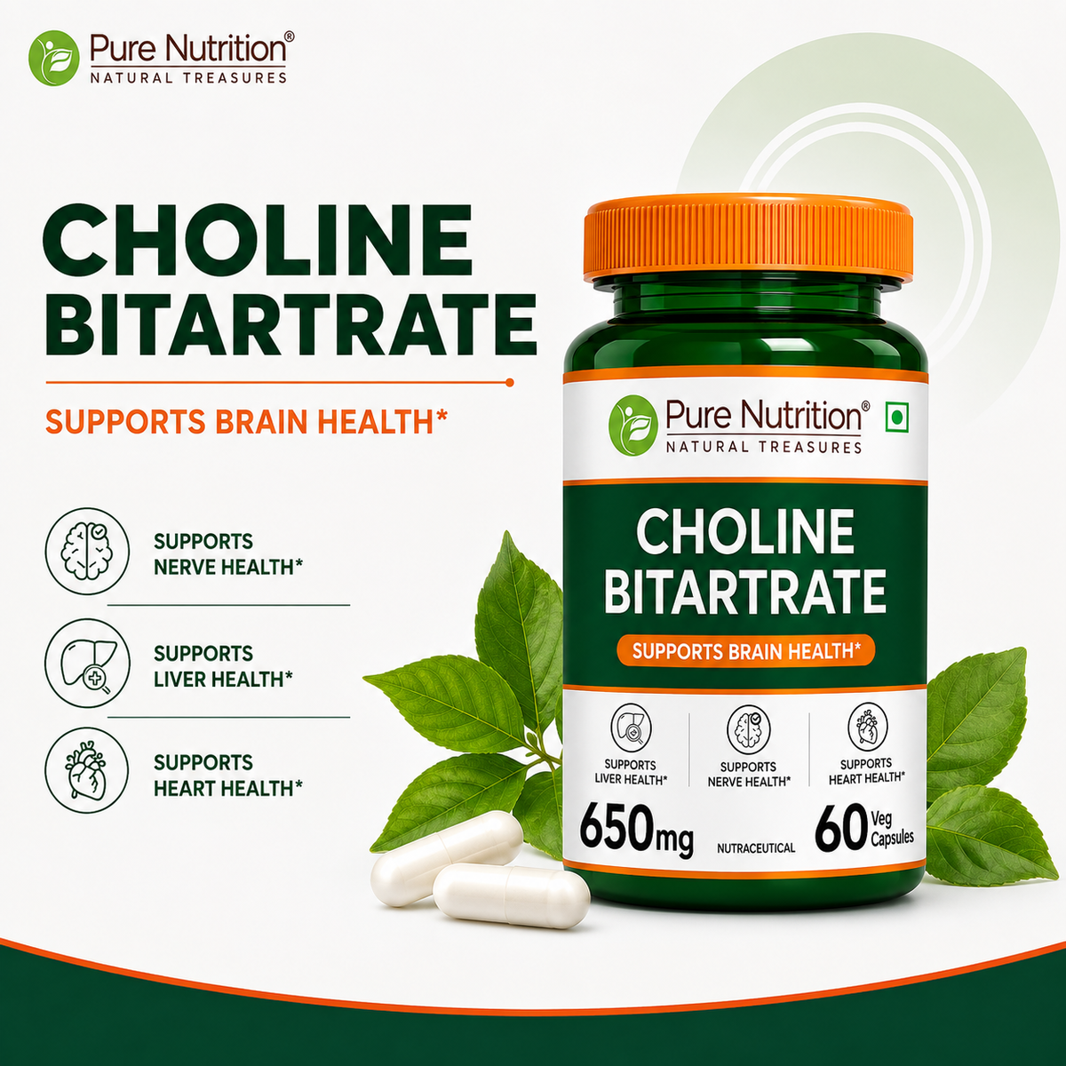 Choline Bitartrate 650mg Brain, Nerve & Liver Support | 60 Veg Capsules