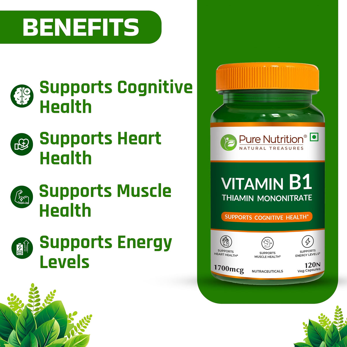 Vitamin B1 (Thiamine) Capsules 120 Count Energy Metabolism & Nerve Health