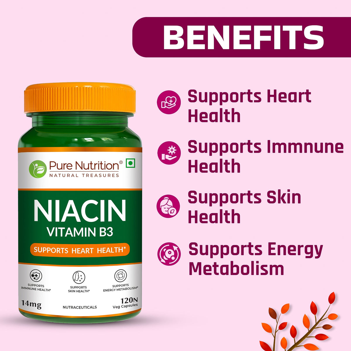 Vitamin B3 Niacin Capsules 120 Count Energy, Skin & Cholesterol Support