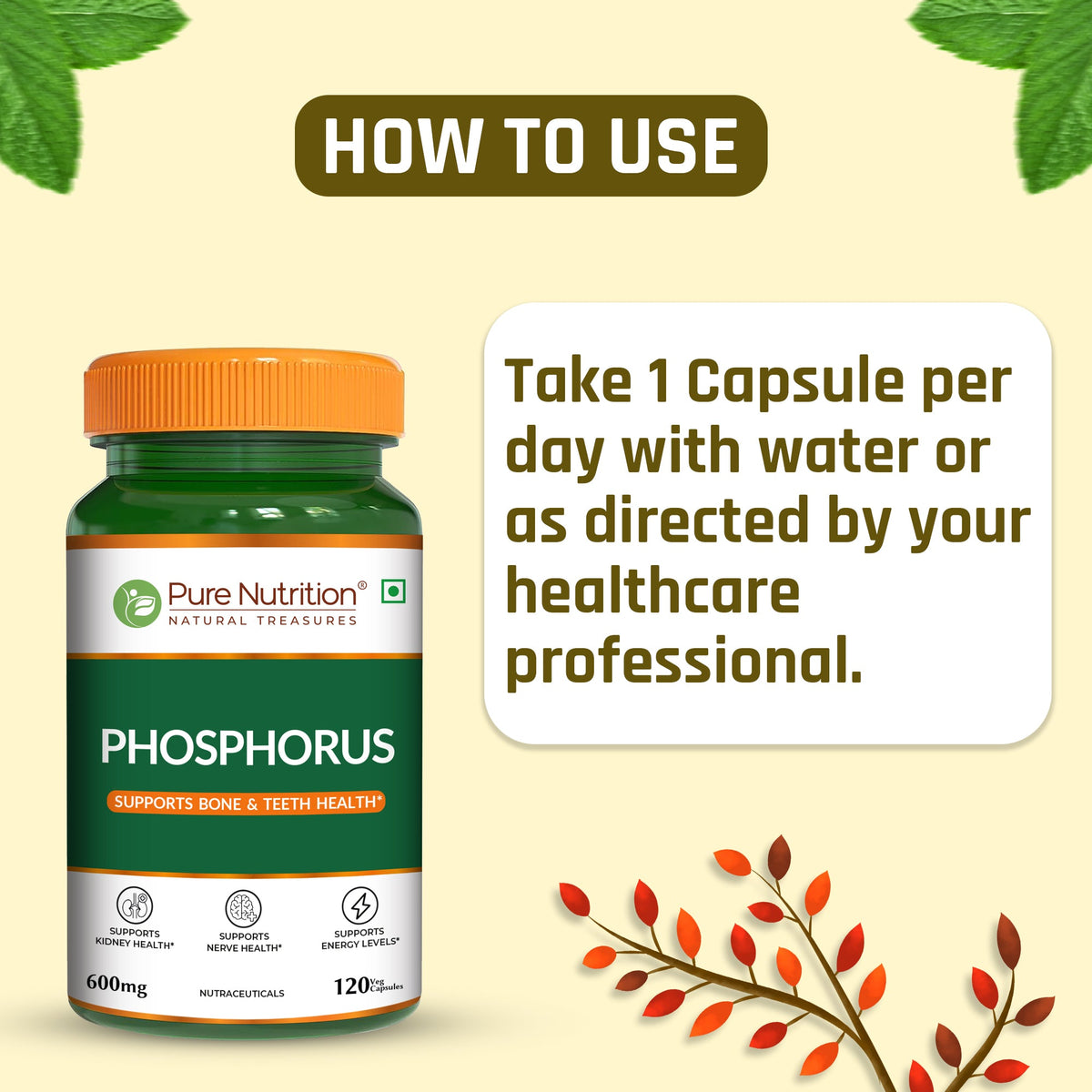 Phosphorus 600mg Veg Capsules Bone, Energy Metabolism & Wellness | 120 Capsules