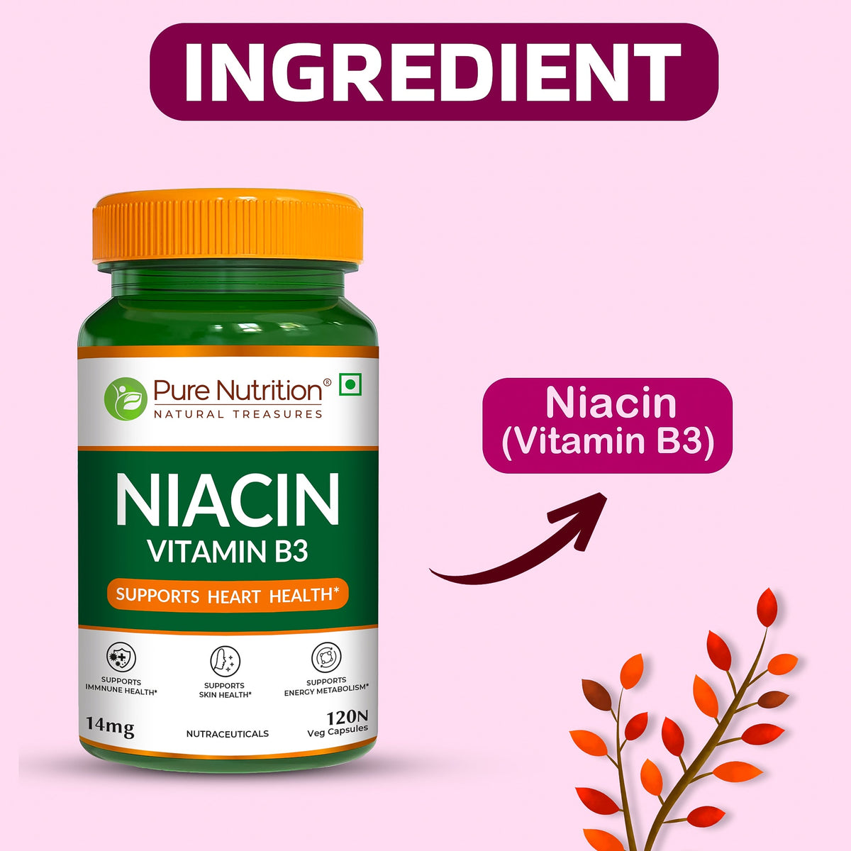 Vitamin B3 Niacin Capsules 120 Count Energy, Skin & Cholesterol Support