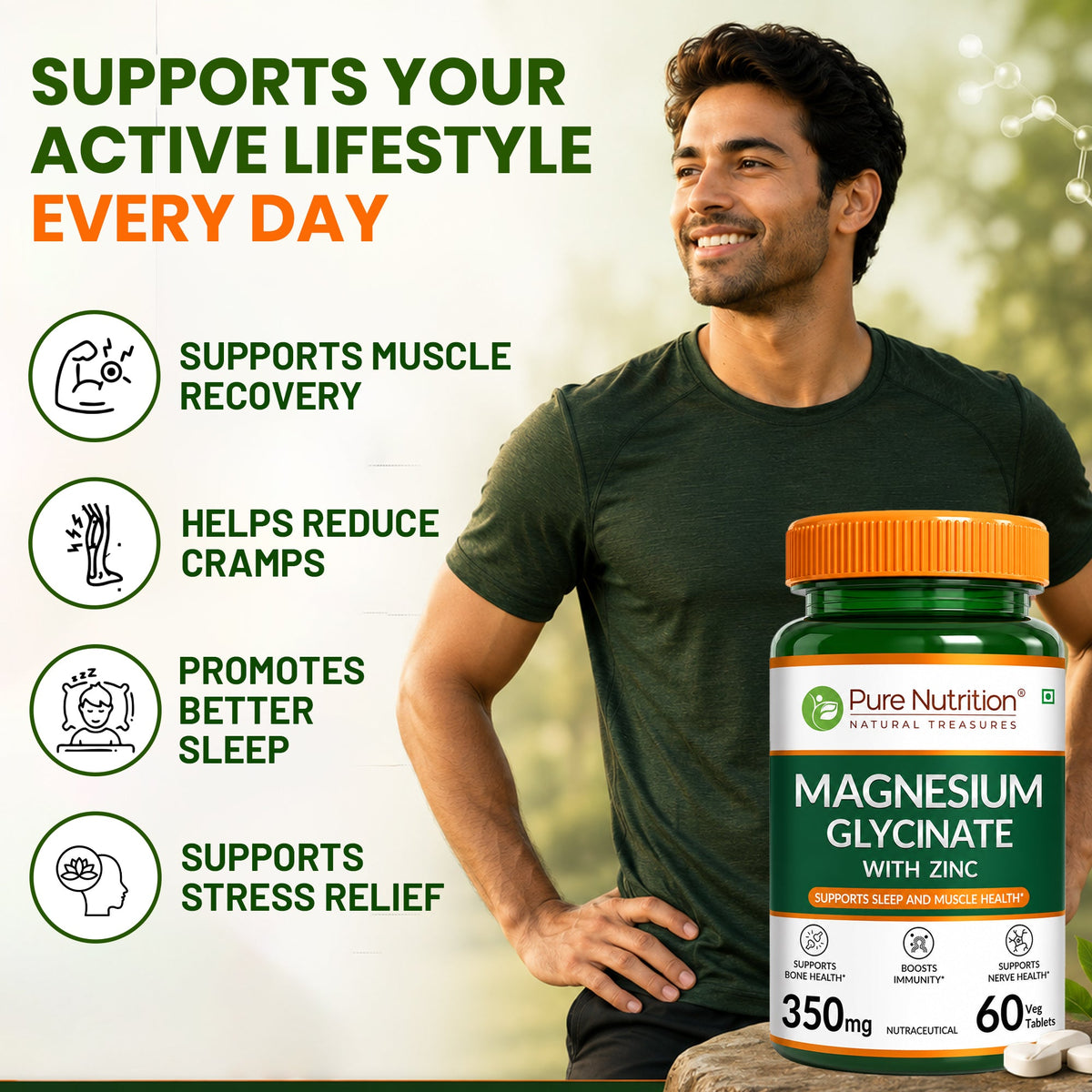 Magnesium Glycinate with Zinc 350mg – Sleep Support, Muscle Relaxation & Bone Health Tablets | 60 Tablets - Nutrition by Pure Nutrition