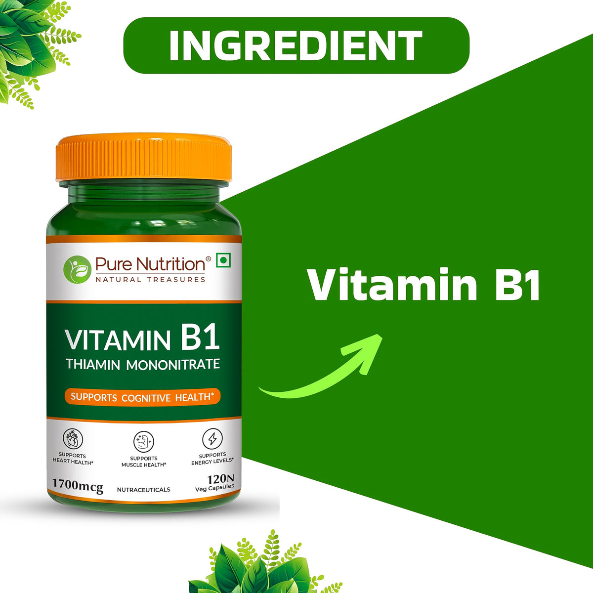 Vitamin B1 (Thiamine) Capsules 120 Count Energy Metabolism & Nerve Health