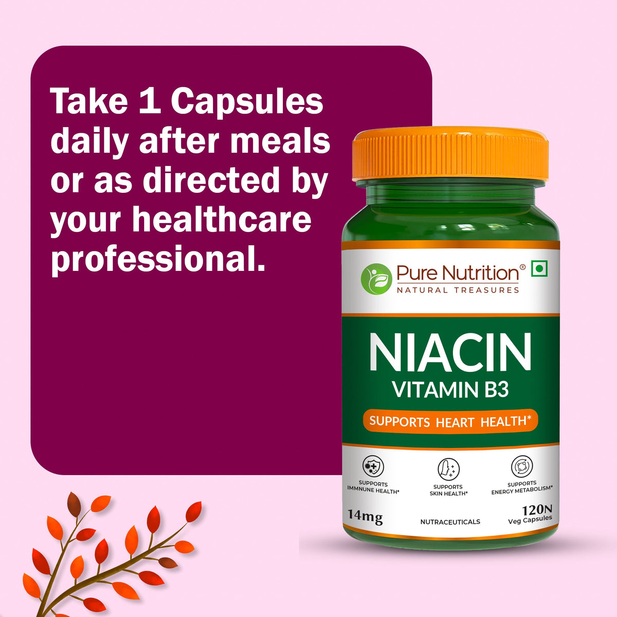 Vitamin B3 Niacin Capsules 120 Count Energy, Skin & Cholesterol Support