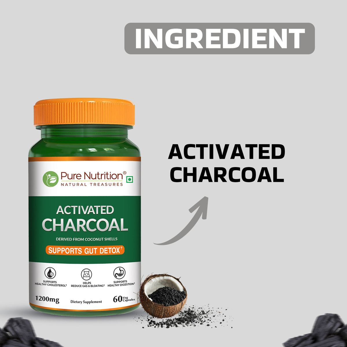 Activated Charcoal 1200mg | Coconut Shell Derived | Gut & Detox Support - Nutrition by Pure Nutrition