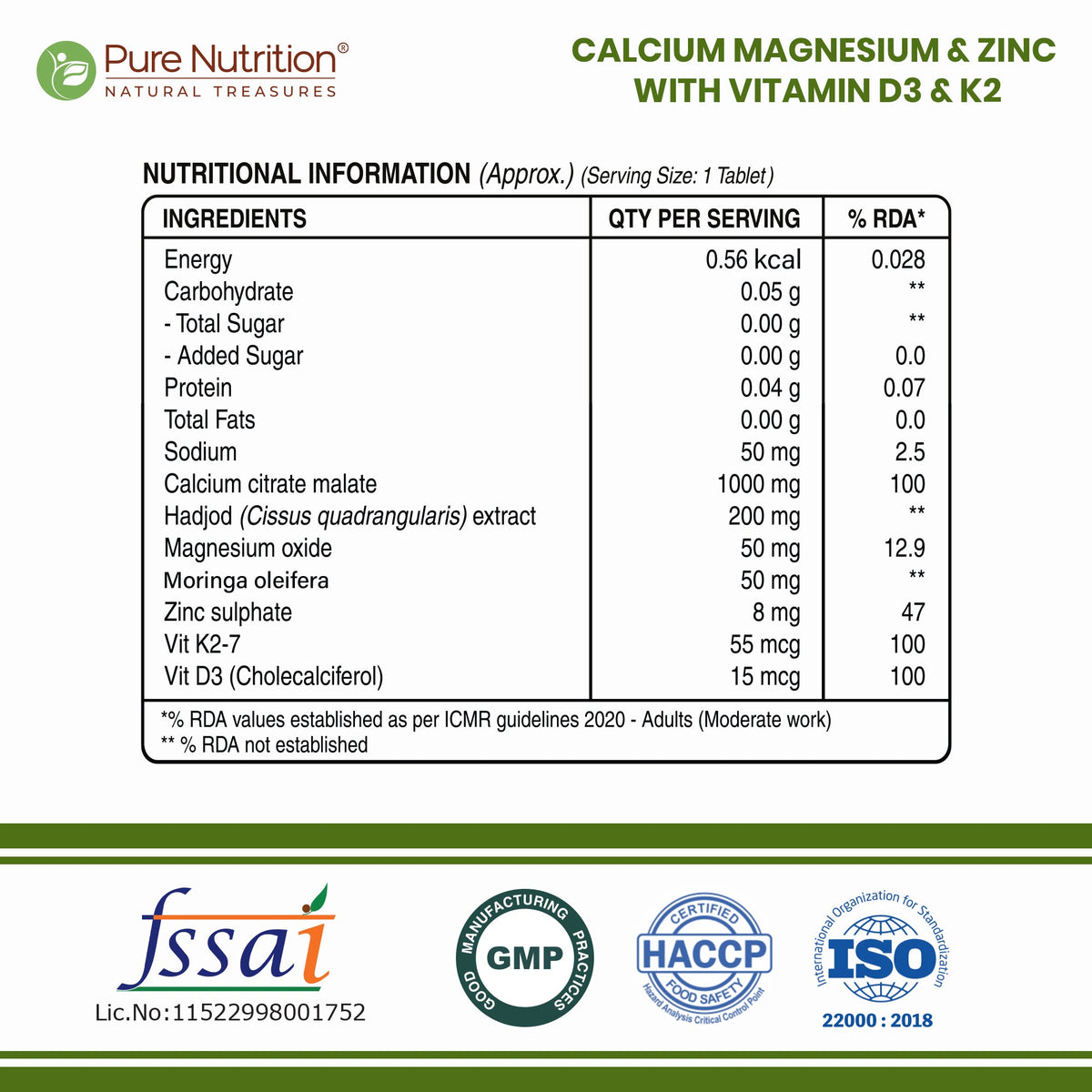 Calcium Magnesium Zinc with Vitamin D3 & K2 Bone & Muscle Support | 60 Tabs | 120 Tabs