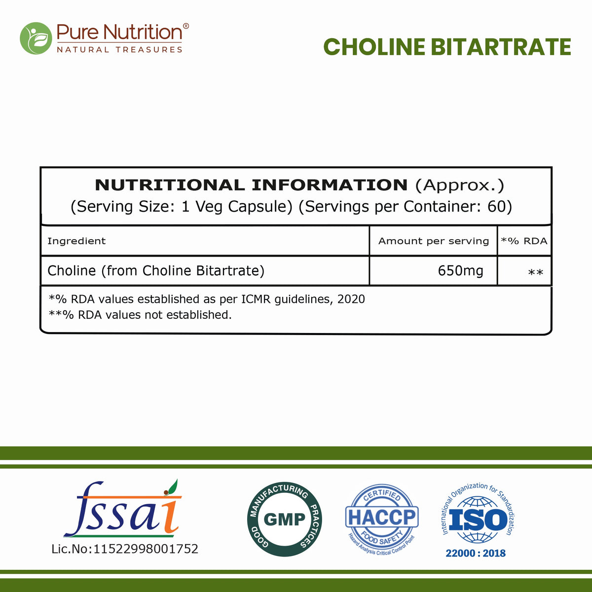Choline Bitartrate 650mg Brain, Nerve & Liver Support | 60 Veg Capsules