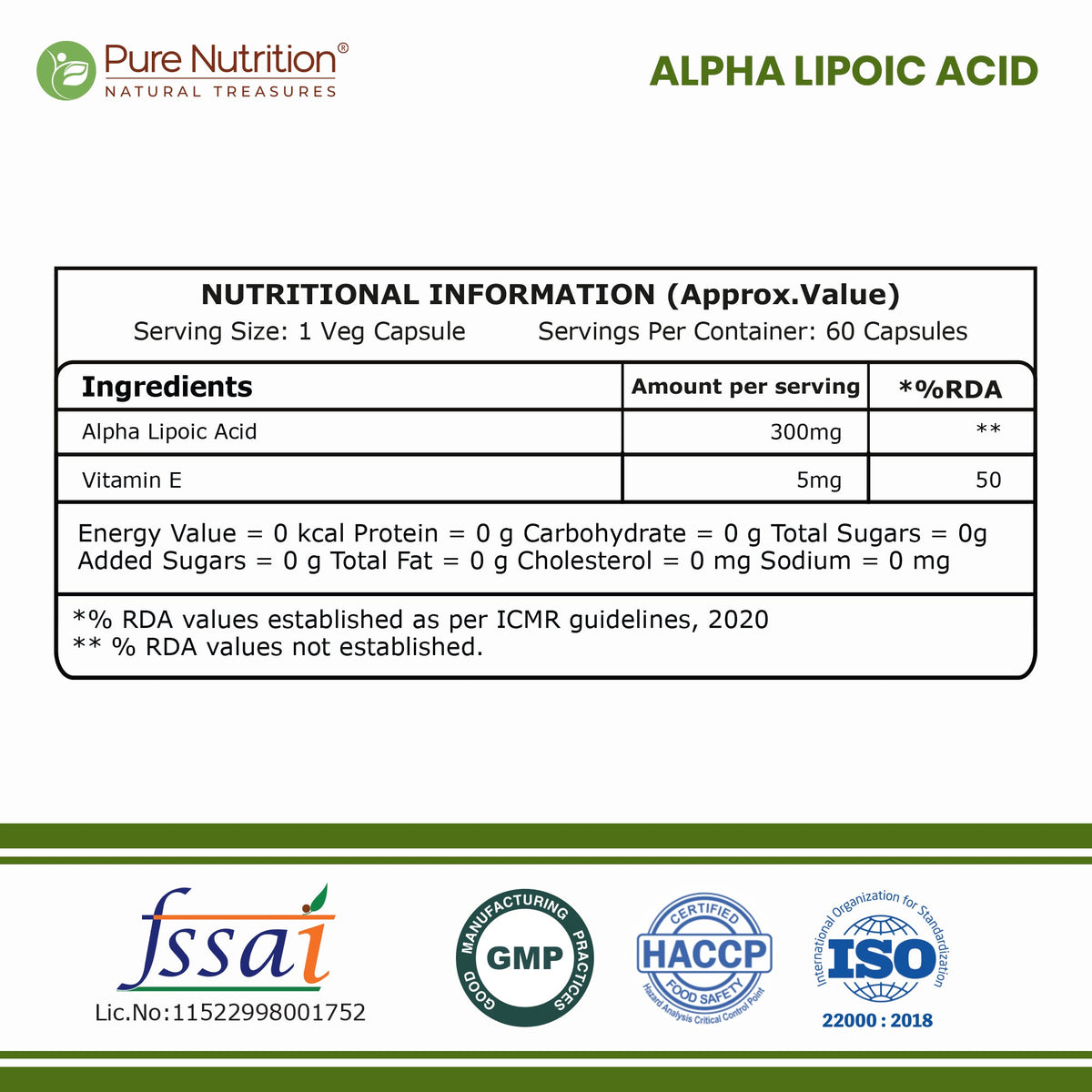 Alpha Lipoic Acid (ALA) 305mg Antioxidant & Nerve Health Support