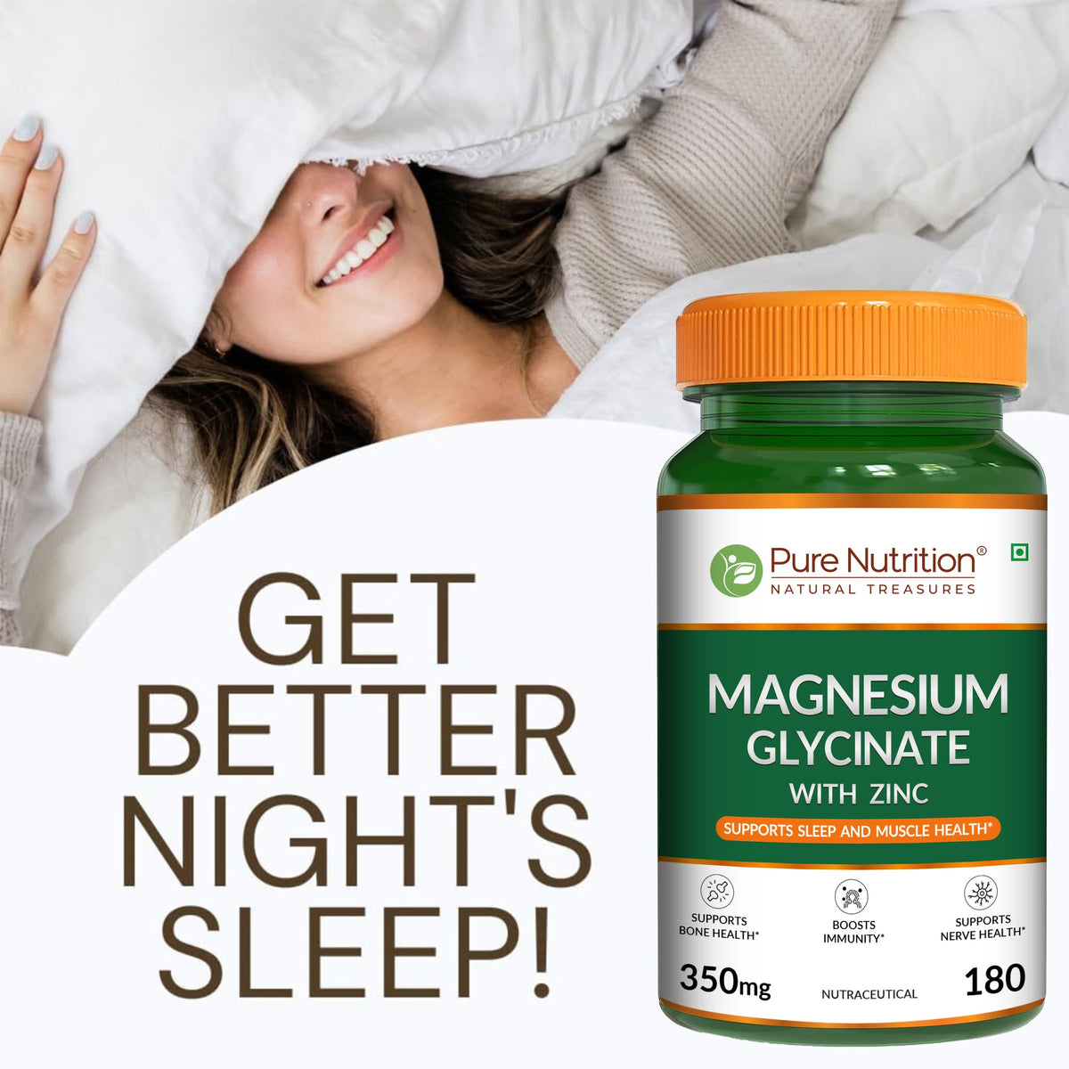 Magnesium Glycinate with Zinc | 350 mg Blend | Magnesium Glycinate, Zinc & Phaseolus Radiatus Extract | Daily Muscle, Bone & Nerve Support