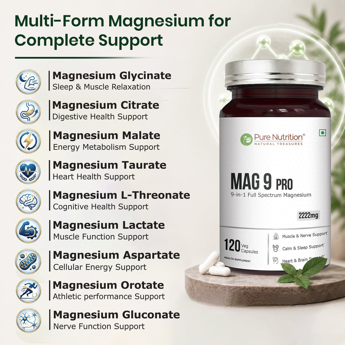 Mag 9 Pro 9-in-1 Magnesium Complex | 2222mg | Comprehensive Support | 120 Tablets