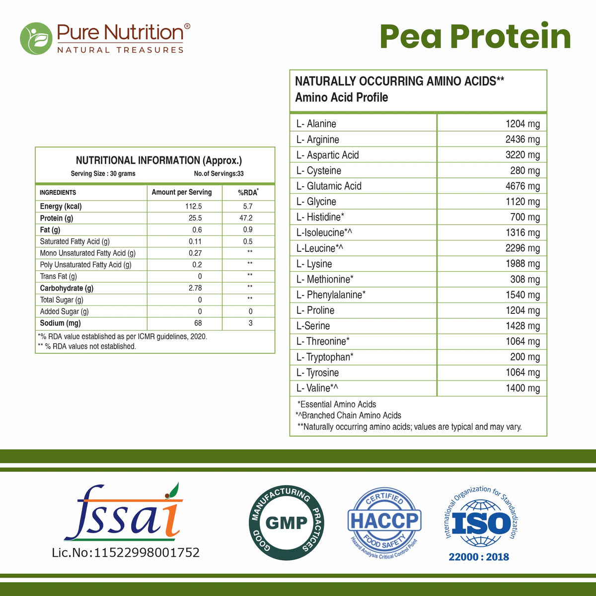 Pea Protein Isolate Powder 1kg 25.5g Protein | Vegan & Dairy-Free