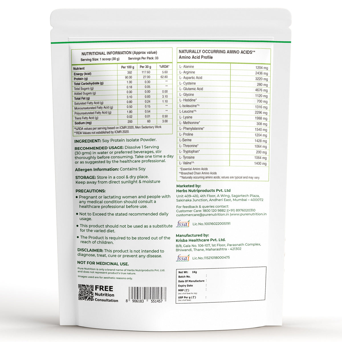 Soy Protein Isolate Powder 1kg 90% Protein | Unflavored, Pure & Complete