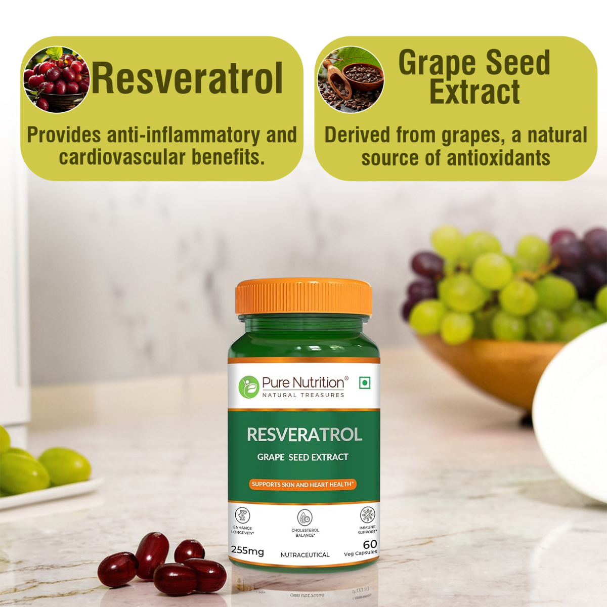 Resveratrol with Grape Seed Extract | Antioxidant Support 255mg