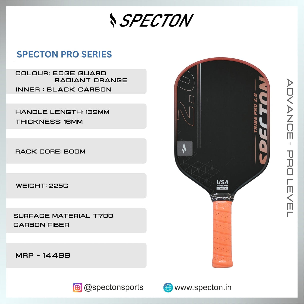 Specton Tribe Pro 2.0 Pickleball Paddle – (Vibrant Orange) 16mm T700 Carbon