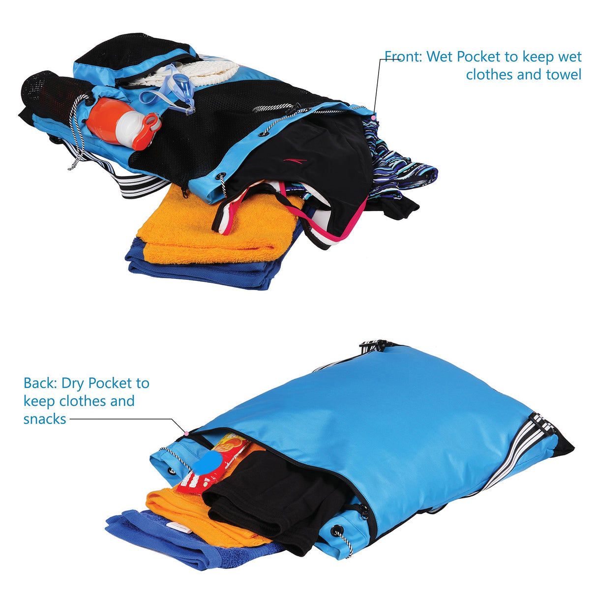 Aqua Blue Unisex Swimming Bag |Water Sports |Dry Bags |Wet Pocket |Accessories |Beach Bag |Storage Swim Gym Gears |Drawstring Backpack |Netball Backpack | Pocket for Cap and Goggles