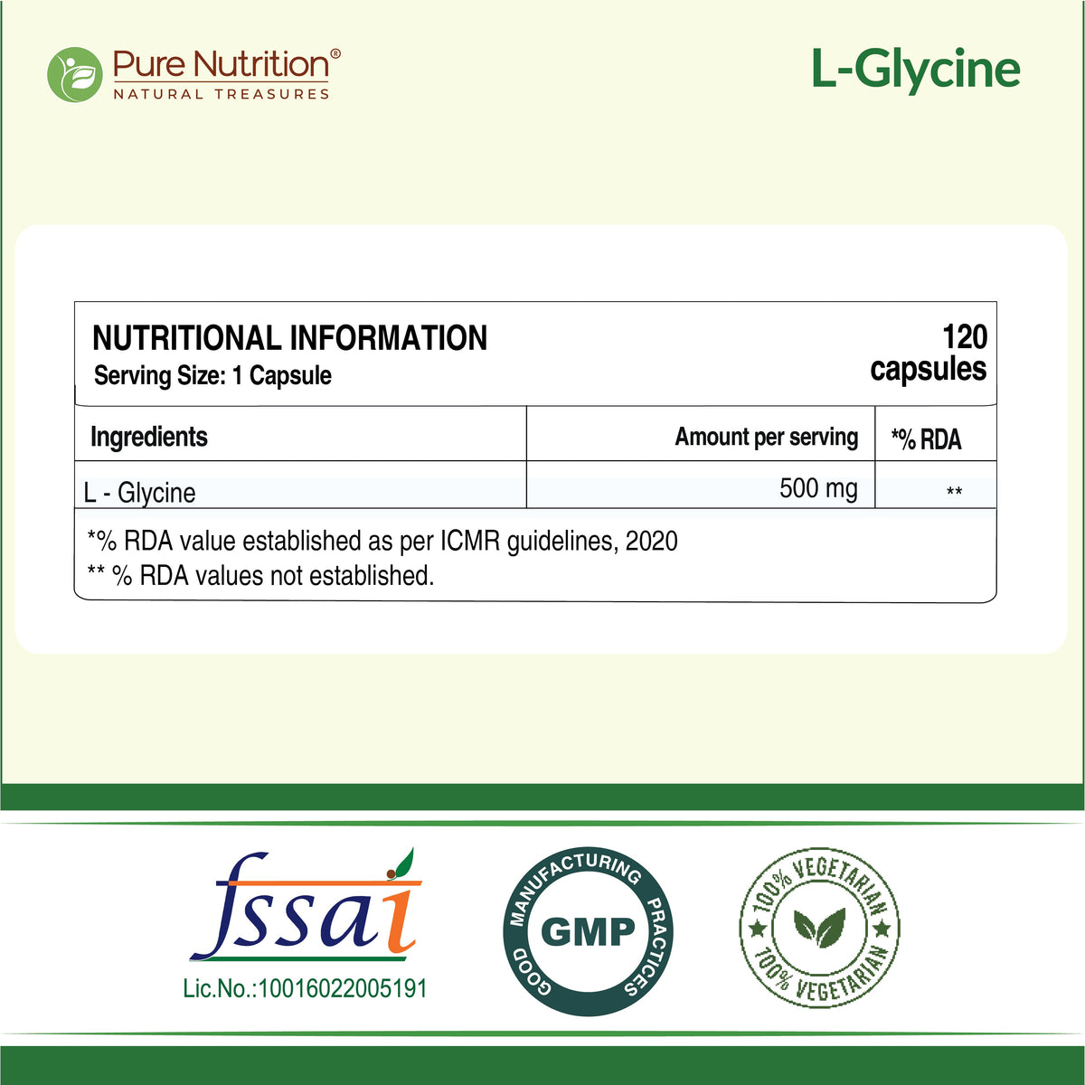 L-Glycine 500mg Veg Capsules Muscle, Cognitive & Sleep Support | 120 Caps