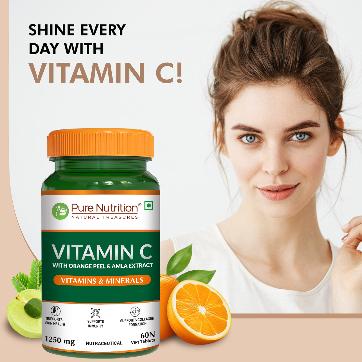 Vitamin C with Amla & Orange Peel 1250mg Immunity & Skin Health | 60 Tabs