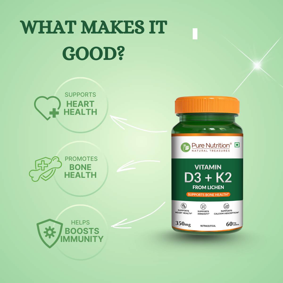 Vitamin D3 + K2 from Lichen Bone, Heart & Calcium Support | 60 Tablets