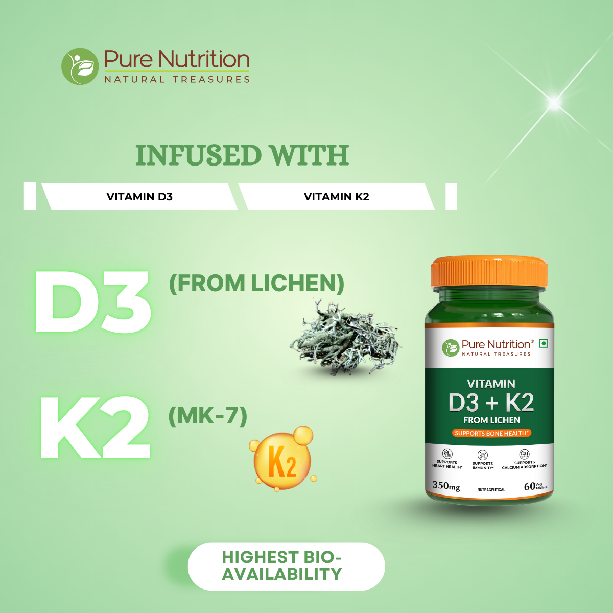 Vitamin D3 + K2 from Lichen Bone, Heart & Calcium Support | 60 Tablets