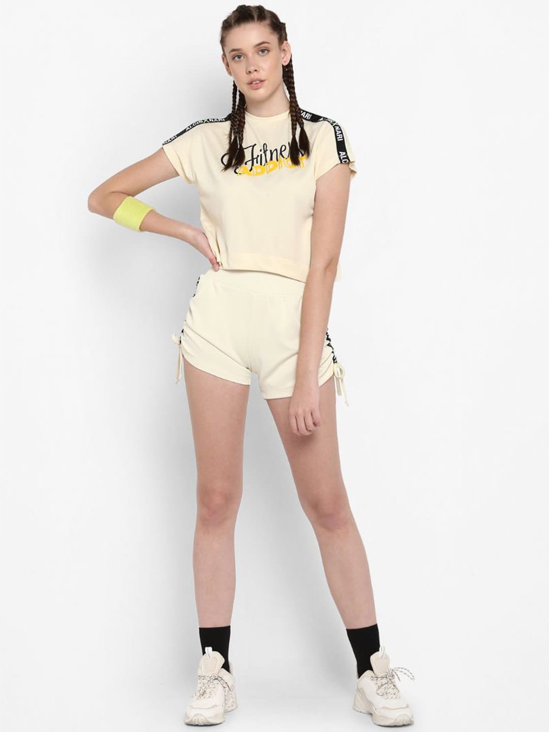 Alcis Women Cream-Coloured Black Printed Round Neck T-shirt