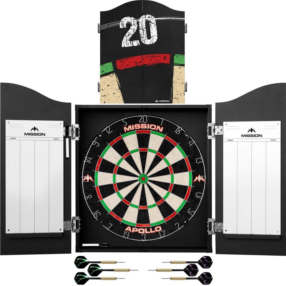 MISSION Home Darts Center Cabinet Set – Including Dartboard, 6 Darts – Double Top Design - KIBI SPORTS