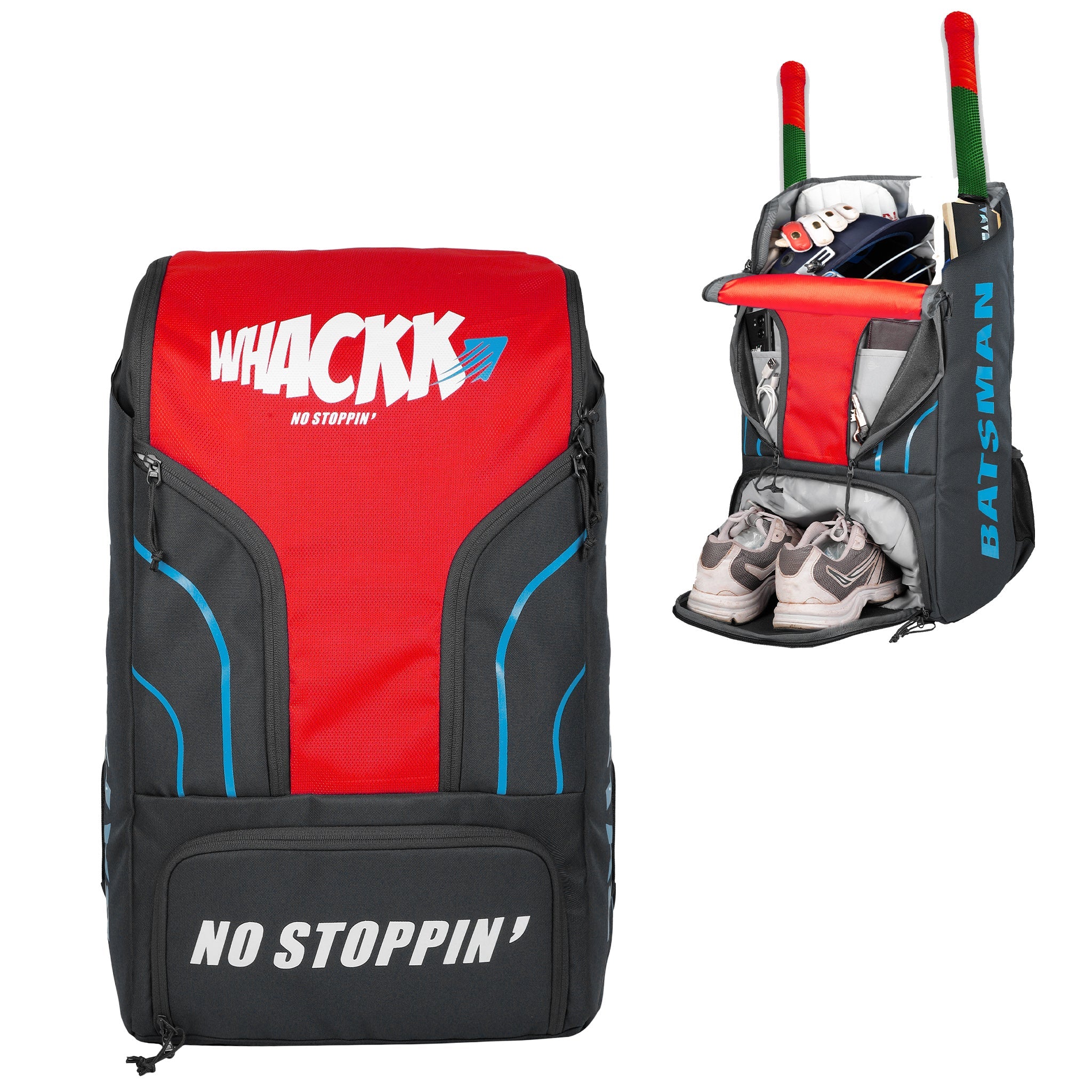 Batsman Grey Red Cricket|Cricket Kit Bag Backpack |Juniour & Youth Kitbag |Player Edition 2 Bat Pockets Shoe Pocket |Big Main Comp. Fits 15.5 inch Leg Pad|2 Bottle Holders