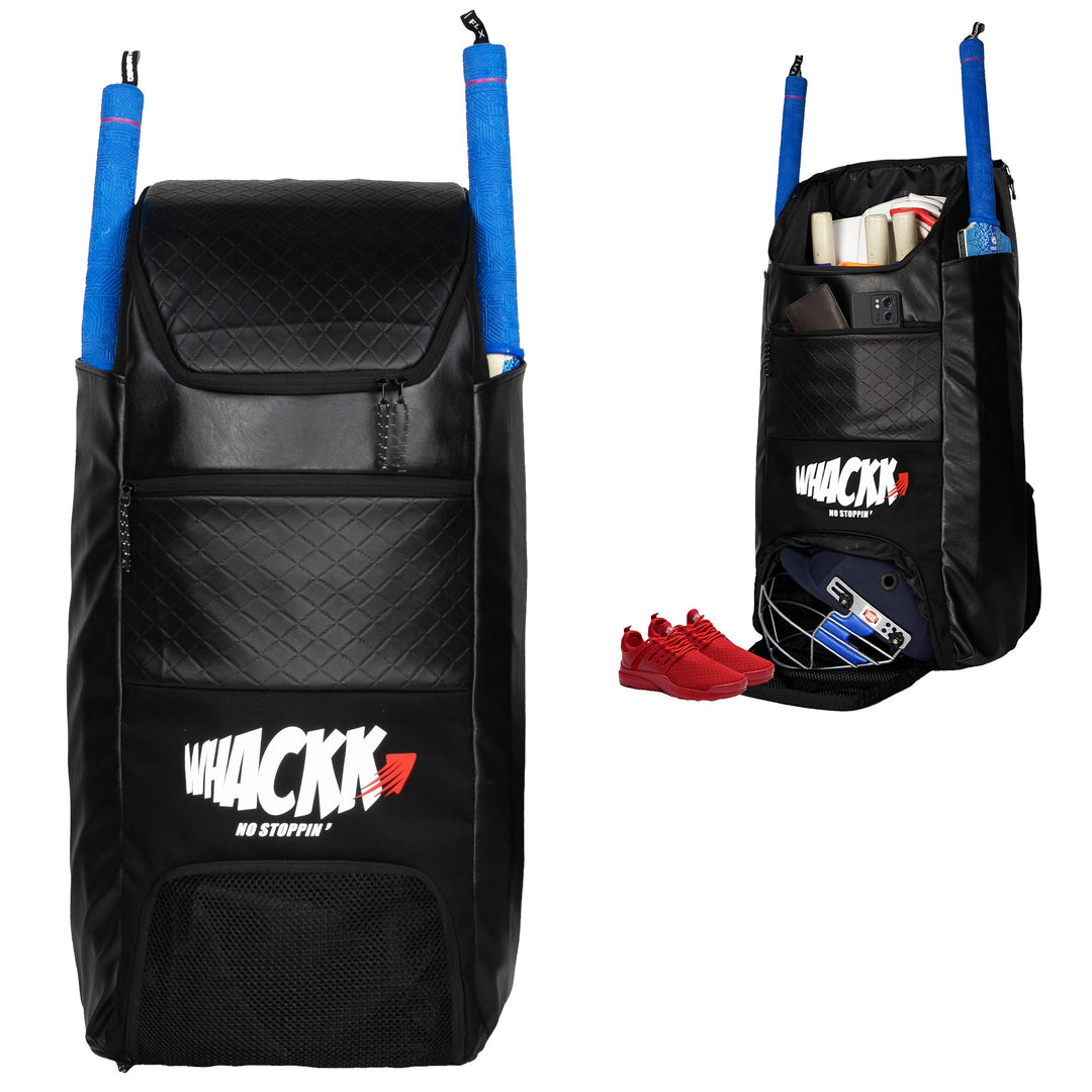 Lara Blk 72L | Premium Artificial Vegan Faux Leather Cricket Backpack|KitBag|Adult Size|2 Bat Pocket|Shoe/Helmet Pocket|Fit 18" Leg Pad 2 Bottle Holder|Easy Access|Player Senior,Black