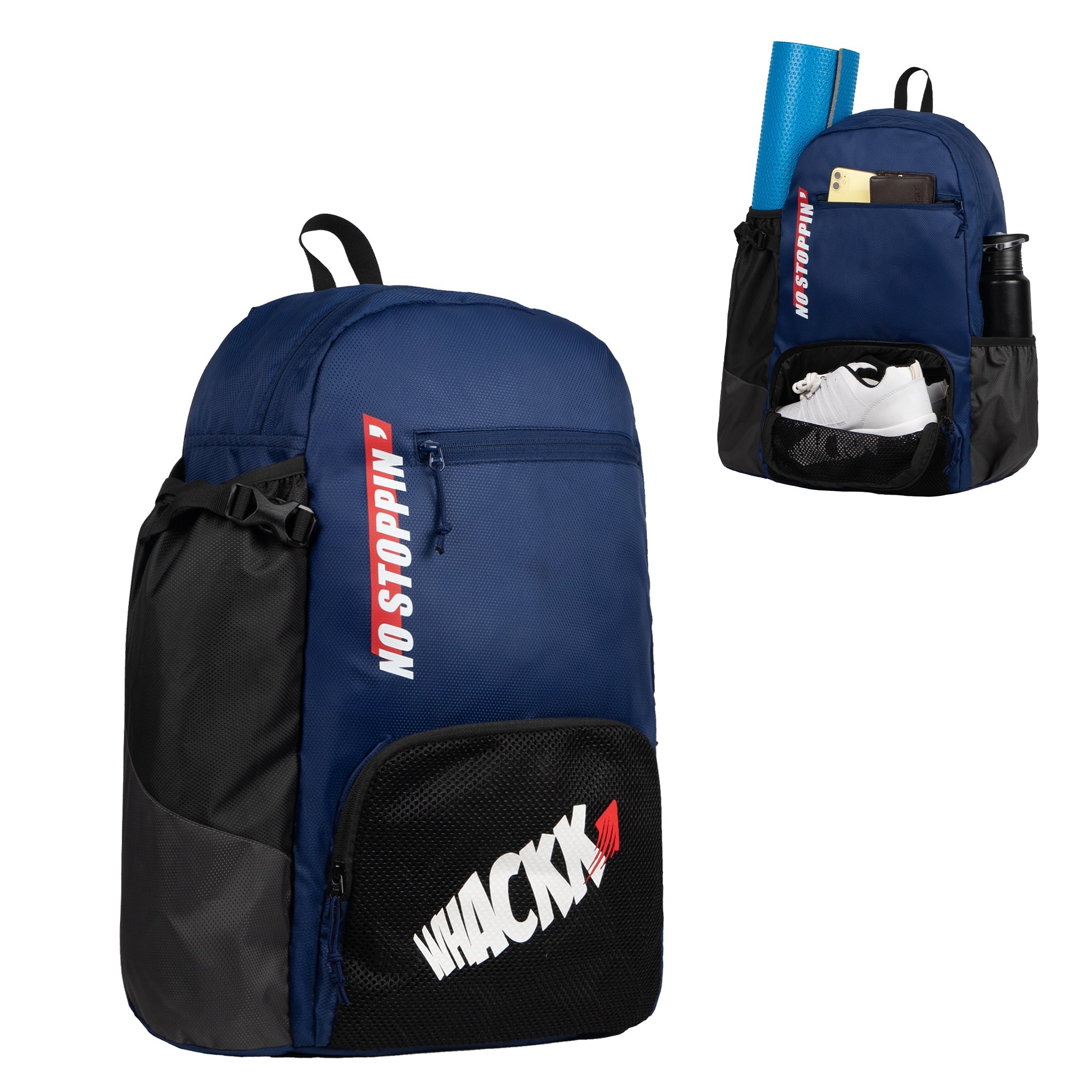 Plank Navy Black 30L Meditation Yoga Aerobics Exercise Gym Mat Carrier Bag Backpack Yoga mat Holder 1 Easy Access Pocket Shoe/Wet Compartment 1 Bottle Holder Padded Shoulder Strap for Men Women