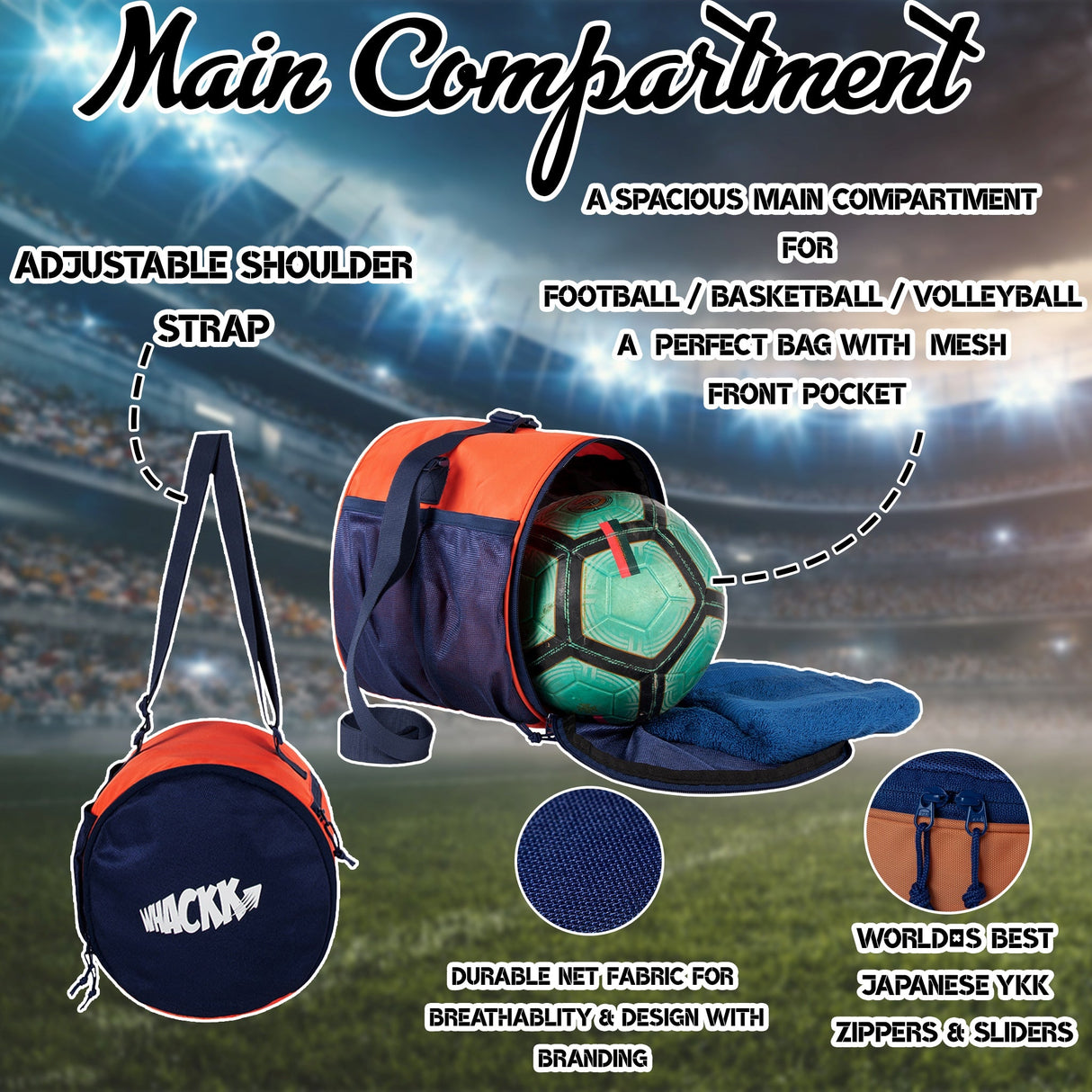 Kick Soccer Navy Orange Football Equipment Bags|Basketball Volleyball Bags |Adjustable Strap Backpack |Easy Access Pocket Mesh Bottle Holders | Ball Bag |Kitbag |Bag