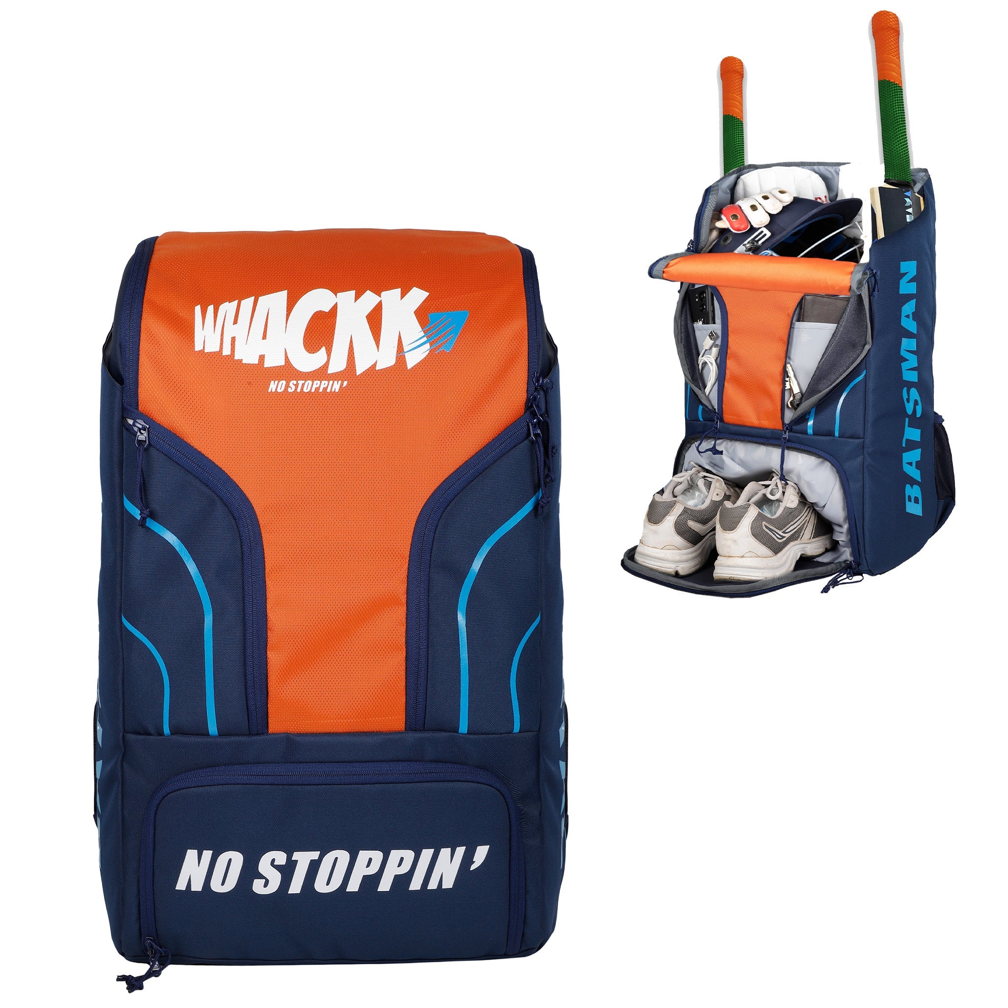Batsman Navy Orange Cricket Kit Bag Backpack |Juniour & Youth Kitbag |Player Edition 2 Bat Pockets Shoe Pocket |Big Main Comp. Fits 15.5 inch Leg Pad|2 Bottle Holders