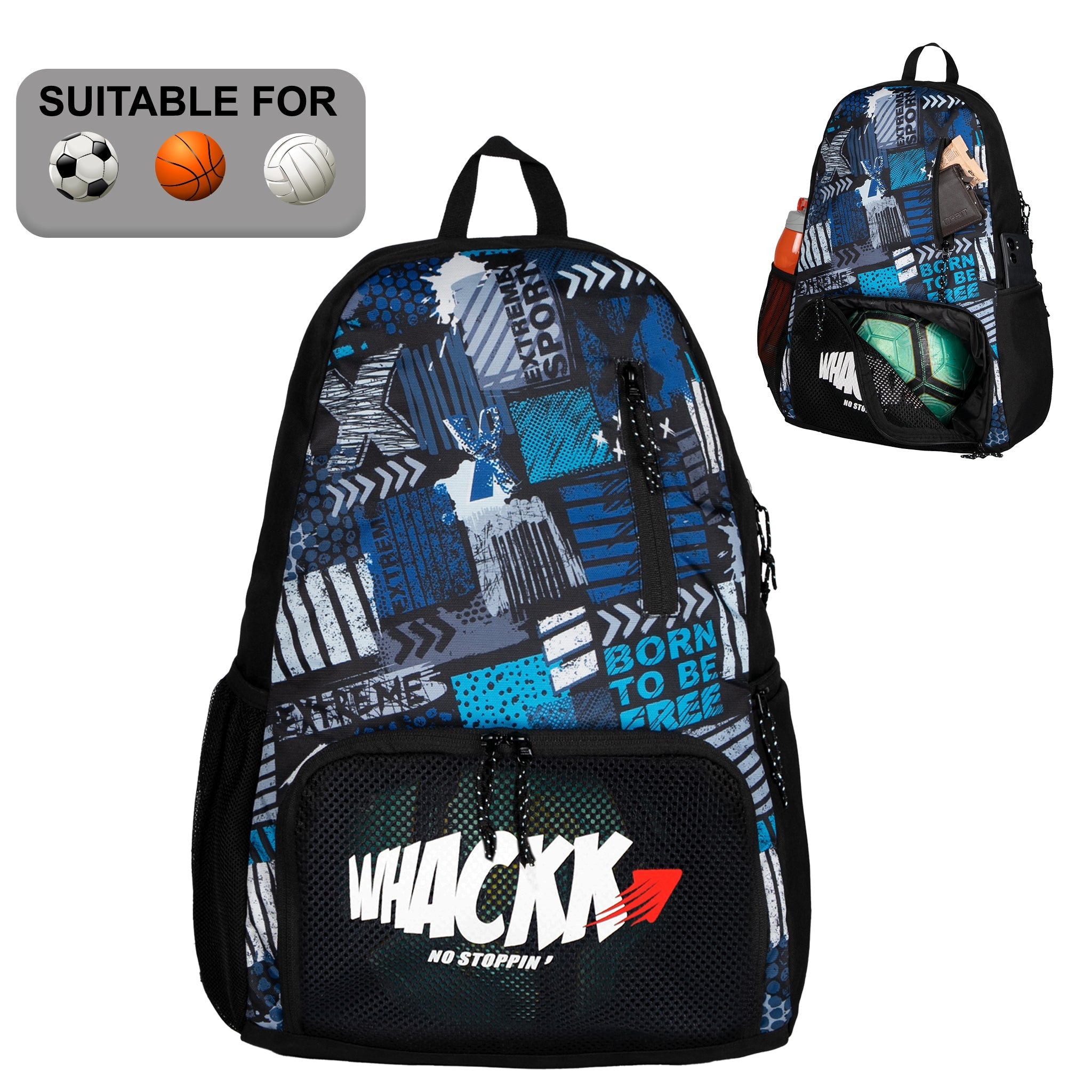 Thunderbolt 28L Blue Printed |Football Basketball Volleyball Equipment Backpack Bag|Kit Bag|Soccer Bag|Boys Kids Adult Men|Mesh Shoe or Ball Pocket|Bottle Holder| Easy Access Pocket