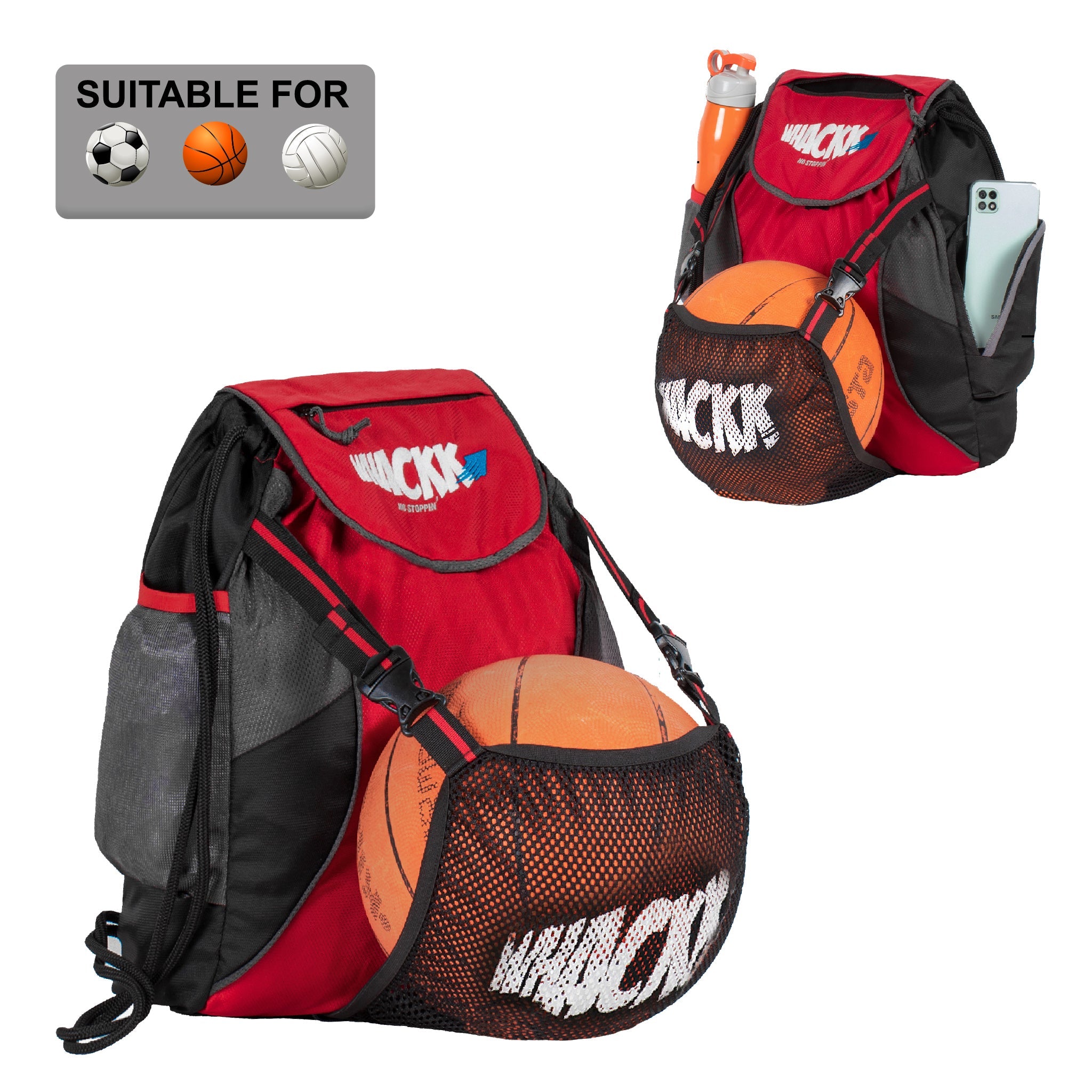 Storm Soccer Red Black Football Equipment Bag | Sports Men Boys Drawstring Backpack | Mobile Bottle Holder Pocket | Gym Bag