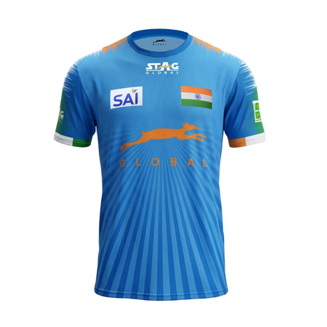 STAG GLOBAL Team India Sports Jersey for Men & Women | Peach Mesh Fabric | 4-Way Stretch | Breathable Athletic T-Shirt | Black & Sky  Blue