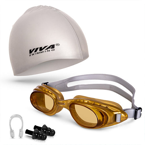 Viva Swimming Combo 614 Senior Kit- Swim Goggles, Caps and Ear plug Combo Set With Case Set- Silicone Non-Slip Material, Anti-Fog, UV Protection For Adults, Boys, Men