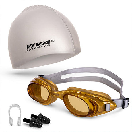 Viva Swimming Combo 614 Senior Kit- Swim Goggles, Caps and Ear plug Combo Set With Case Set- Silicone Non-Slip Material, Anti-Fog, UV Protection For Adults, Boys, Men