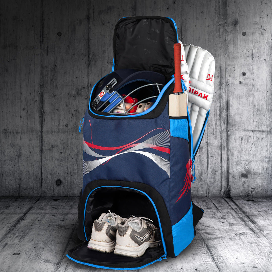 Bradman Blue Navy Cricket Kitbag for Youth |Player Edition 2 Bat Pocket Shoe Pocket |Big Main Comp Fit 15.5 inch Leg Pad |Bottle Holders |Easy Access Pocket