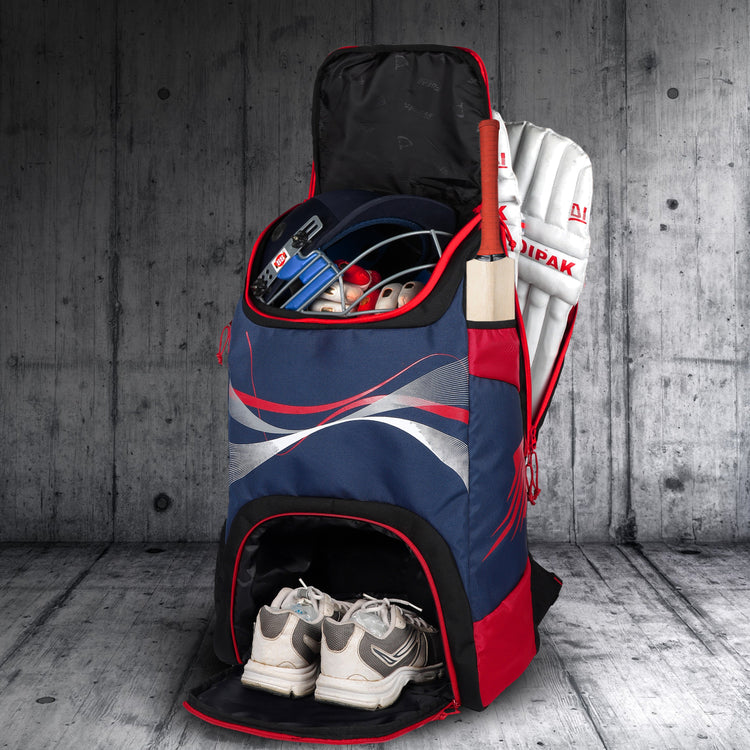 Bradman Blue Red Cricket Kitbag for Youth |Player Edition 2 Bat Pocket Shoe Pocket |Big Main Comp Fit 15.5 inch Leg Pad |Bottle Holders |Easy Access Pocket