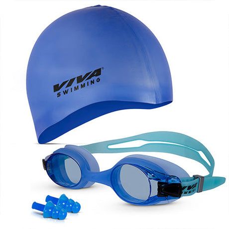 Viva Swimming Combo-704 Senior Kit- Swim Goggles, Caps and Ear plug Combo Set With Case Set- Silicone Non-Slip Material, Anti-Fog, UV Protection For Adults, Boys, Men