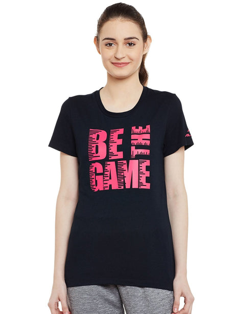 Alcis Women Black Printed Slim Fit Round Neck T-shirt | Alcis