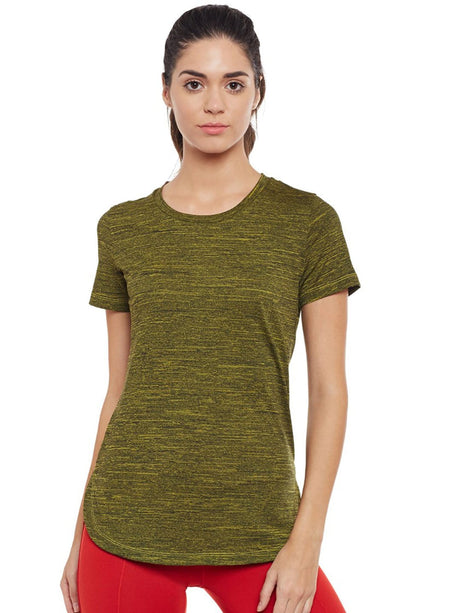 Alcis Women Olive Green Self-Design Slim Fit Round Neck T-shirt | Alcis