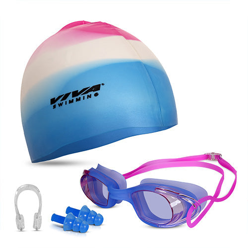 Viva Swimming Combo 616 Swimming Goggles & Swimming Cap, 2 Ear Plug With Nose Clip Swimming Kit Anti-Fog, UV Protection For Adults, Boys, Men