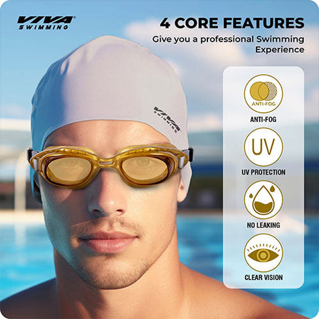 Viva Swimming Combo 614 Senior Kit- Swim Goggles, Caps and Ear plug Combo Set With Case Set- Silicone Non-Slip Material, Anti-Fog, UV Protection For Adults, Boys, Men
