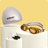 Viva Swimming Combo 614 Senior Kit- Swim Goggles, Caps and Ear plug Combo Set With Case Set- Silicone Non-Slip Material, Anti-Fog, UV Protection For Adults, Boys, Men